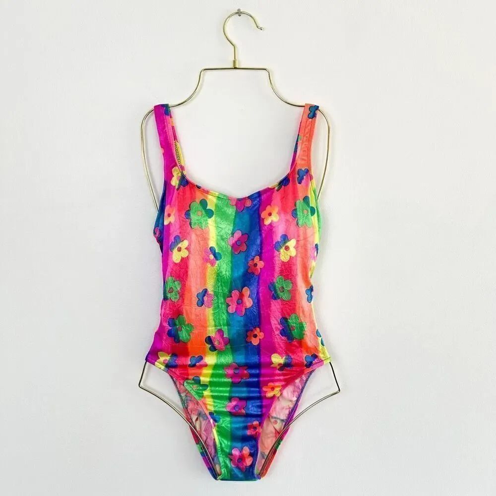 Xhilaration Vintage Y2K Retro Floral Rainbow HI-CUT Scoop Low Back One Piece Swi